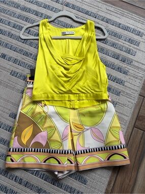 Zara chartreuse silky Top & skort Set